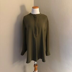 Elie Tahari Olive Green Mandarin Collar Long Sleeve Tunic Blouse Top‎ Size Large